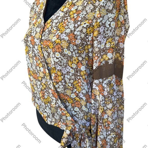 june & hudson XS Brown & Orange Floral Faux Wrap Sheer Lined Bell Sleeve Blouse - Picture 2 of 4